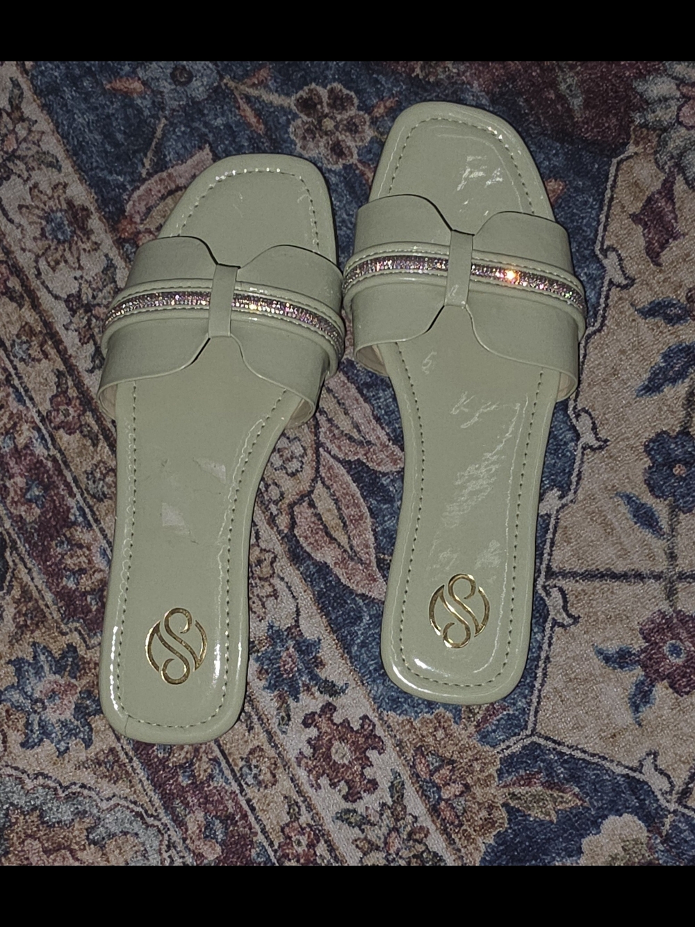 Women’s Olive Green Slide Sandals with Metallic Trim